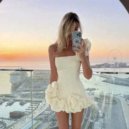 Elegant Strapless Mini Dress Sexy Backless High Waist A-line Dresses Vintage Evening Club Party Female Robes Party Dress