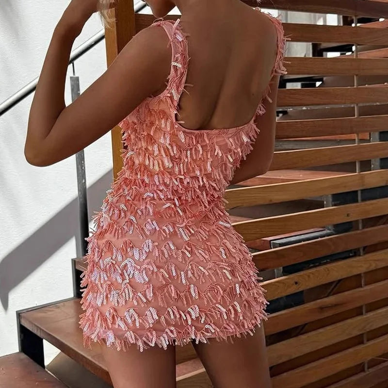 Sexy Off Shoulder Sleeveless Mini Dress Women Fashion Backless High Waist Short Dress Elegant Sparkling Tassel Slim Party Dress