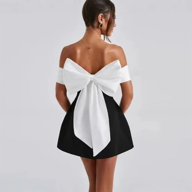 Fashion Bow Backless Mini Dress for Women Elegant Off-Shoulder A-Line Evening Party Dresses 2025 New Sexy Club strapless Vestido
