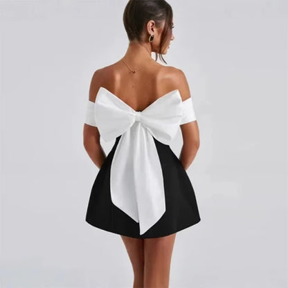 Fashion Bow Backless Mini Dress for Women Elegant Off-Shoulder A-Line Evening Party Dresses 2025 New Sexy Club strapless Vestido