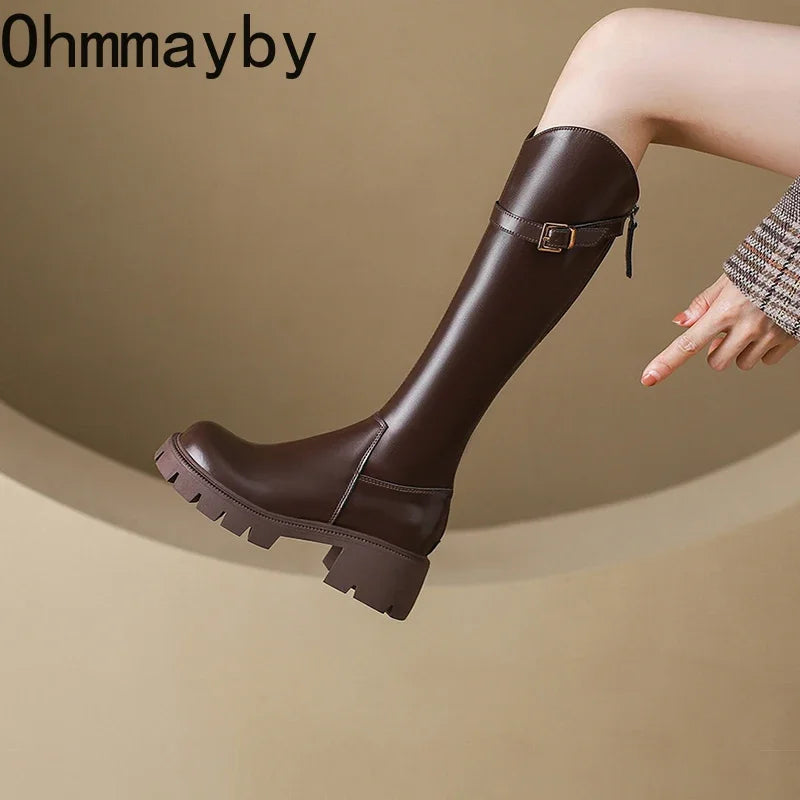 DERSONA Fall Fashion Women Knee High Boots Square High Heels Autumn Winter Warm Elegant