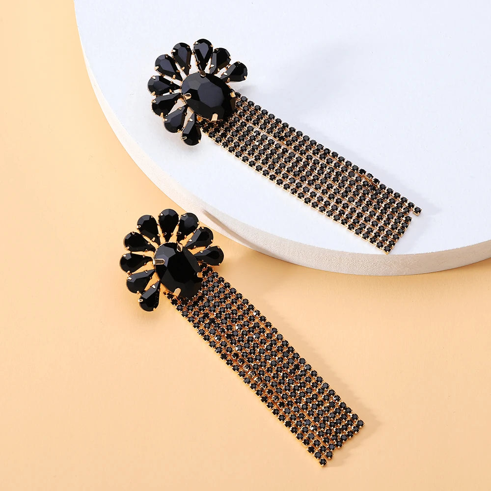 DERSONA Elegant Long Tassel Charm Dangle Earrings for Women Trendy Luxury Geometric Flower Crystal Glass Jewelry