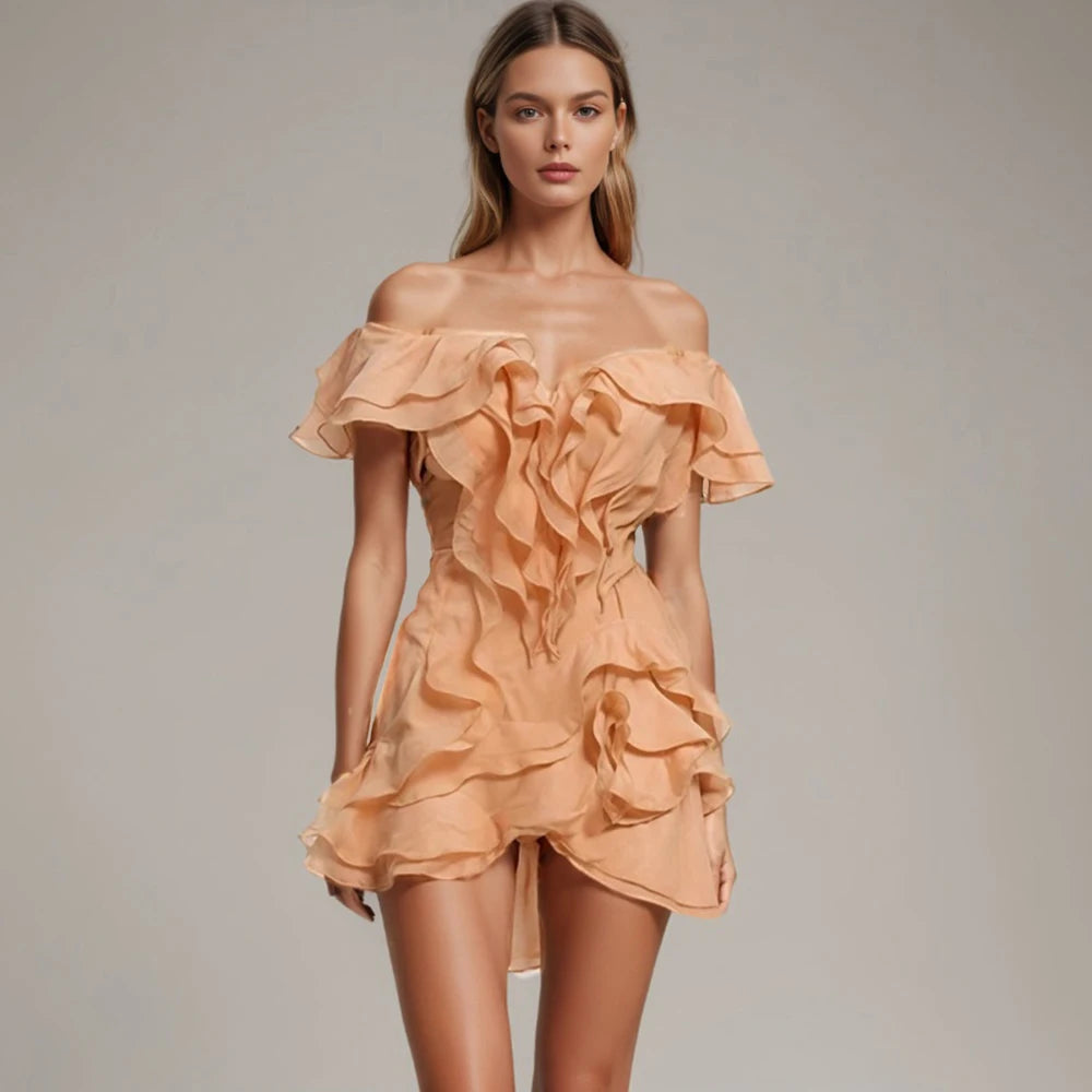 Elegant Spliced Ruffles Mini Dress For Women Slash Neck Off The Shoulder Sleeve High Waist Chic Dresses Female New