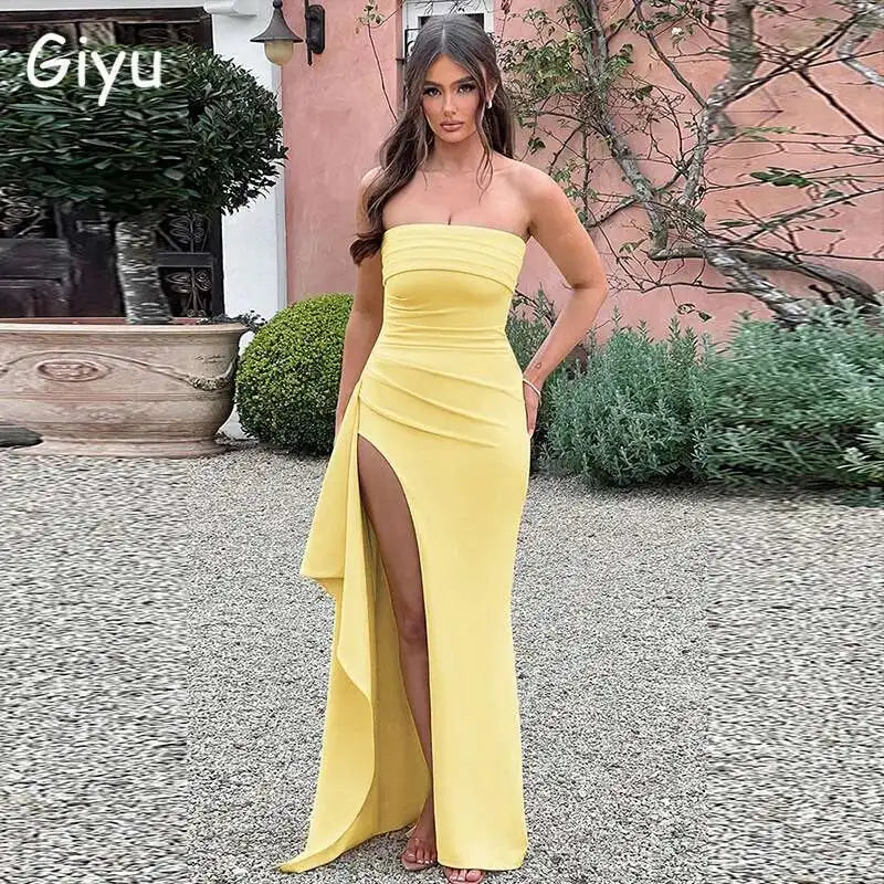 Giyu Sexy Club Evening Party Dresses Women 2025 Summer Slash Neck Backless Ruffles Split Maxi Long Dress Elegant Bodycon Robe
