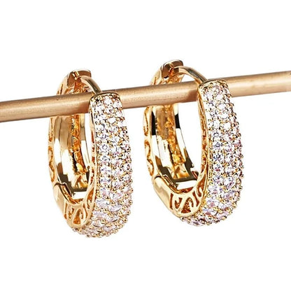 DERSONA Elegant Hollow Gold Color Hoop Earrings for Women Paved Dazzling Stone Luxury Trendy Female Circle Earrings Statement Jewelry