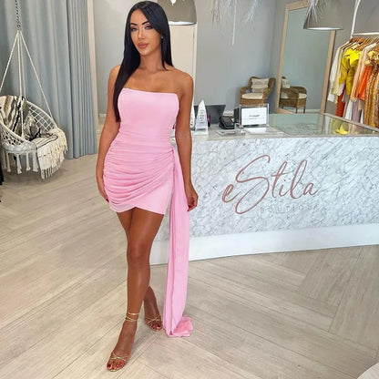 Elegant Mini Dresses Women Sexy Strapless Mesh Streamer Dress Temperament Party Slim solid Skirt