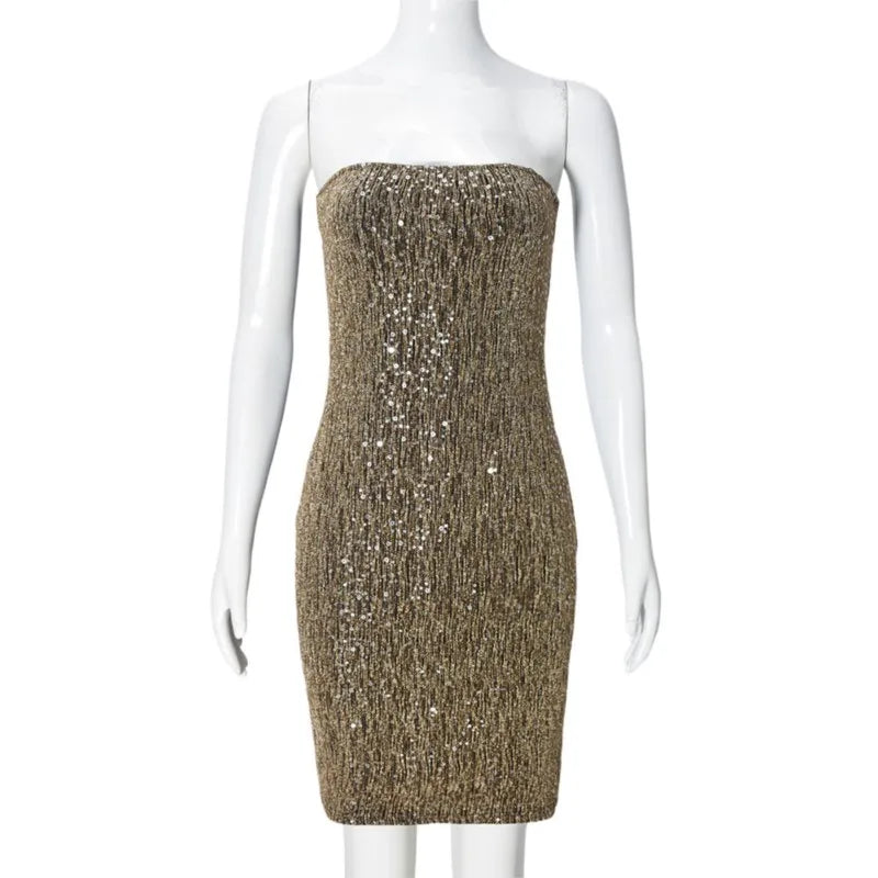 Elegant Sequined Mini Dresses Women Sleeveless Backless Slim Dress Party Nightclub