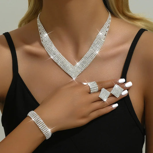DERSONA Elegant Rhinestone Jewelry Set: Silver-Plated Necklace, Accessories Gala Necklace & Earrings