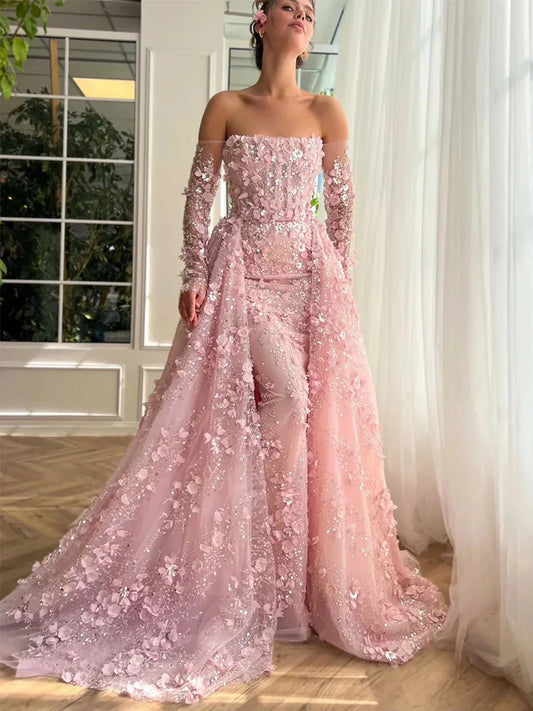 DERSONA Women's Long Chic Evening Dresses 2025 Organza A-line Celebrity Dress Pink Off-the-shoulder Applique Sequined Gown