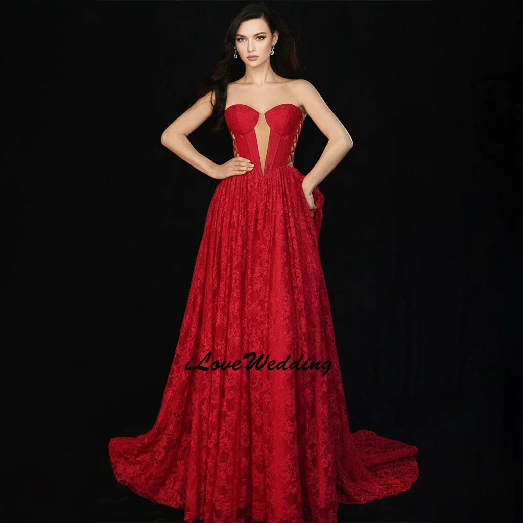DERSONA Elegance A Line Red Evening Gown Full Lace Sleeveless Gala Dress for Women Customized Long Lace