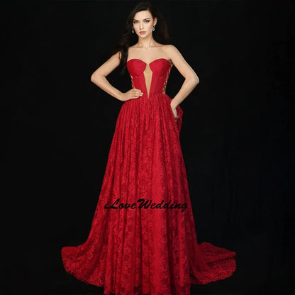 DERSONA Elegance A Line Red Evening Gown Full Lace Sleeveless Gala Dress for Women Customized Long Lace