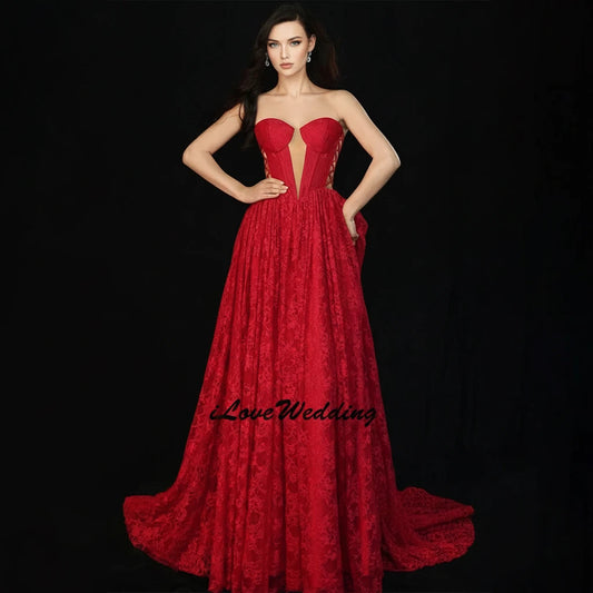 DERSONA Elegance A Line Red Evening Gown Full Lace Sleeveless Gala Dress for Women Customized Long Lace
