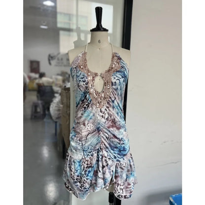 Women Halter Mini Dress 2025 Summer Printed Backless Sleeveless Chiffon Beach Sexy Vestidos Vacation Clubwear Party Gown
