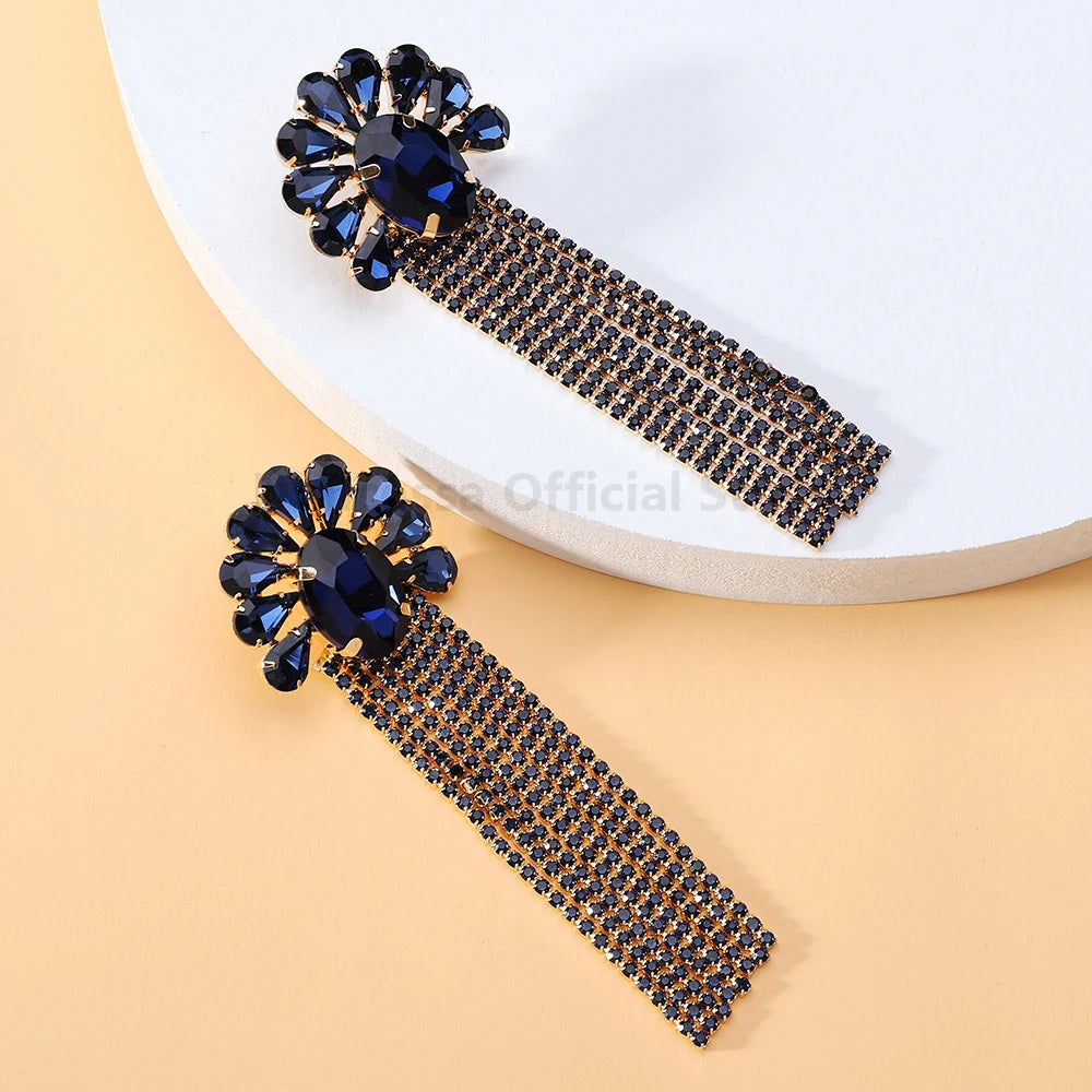 DERSONA Elegant Long Tassel Charm Dangle Earrings for Women Trendy Luxury Geometric Flower Crystal Glass Jewelry