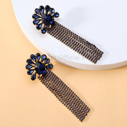 DERSONA Elegant Long Tassel Charm Dangle Earrings for Women Trendy Luxury Geometric Flower Crystal Glass Jewelry