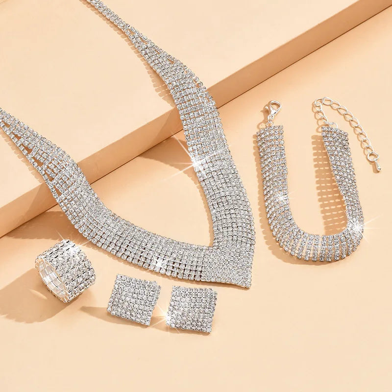 DERSONA Elegant Rhinestone Jewelry Set: Silver-Plated Necklace, Accessories Gala Necklace & Earrings