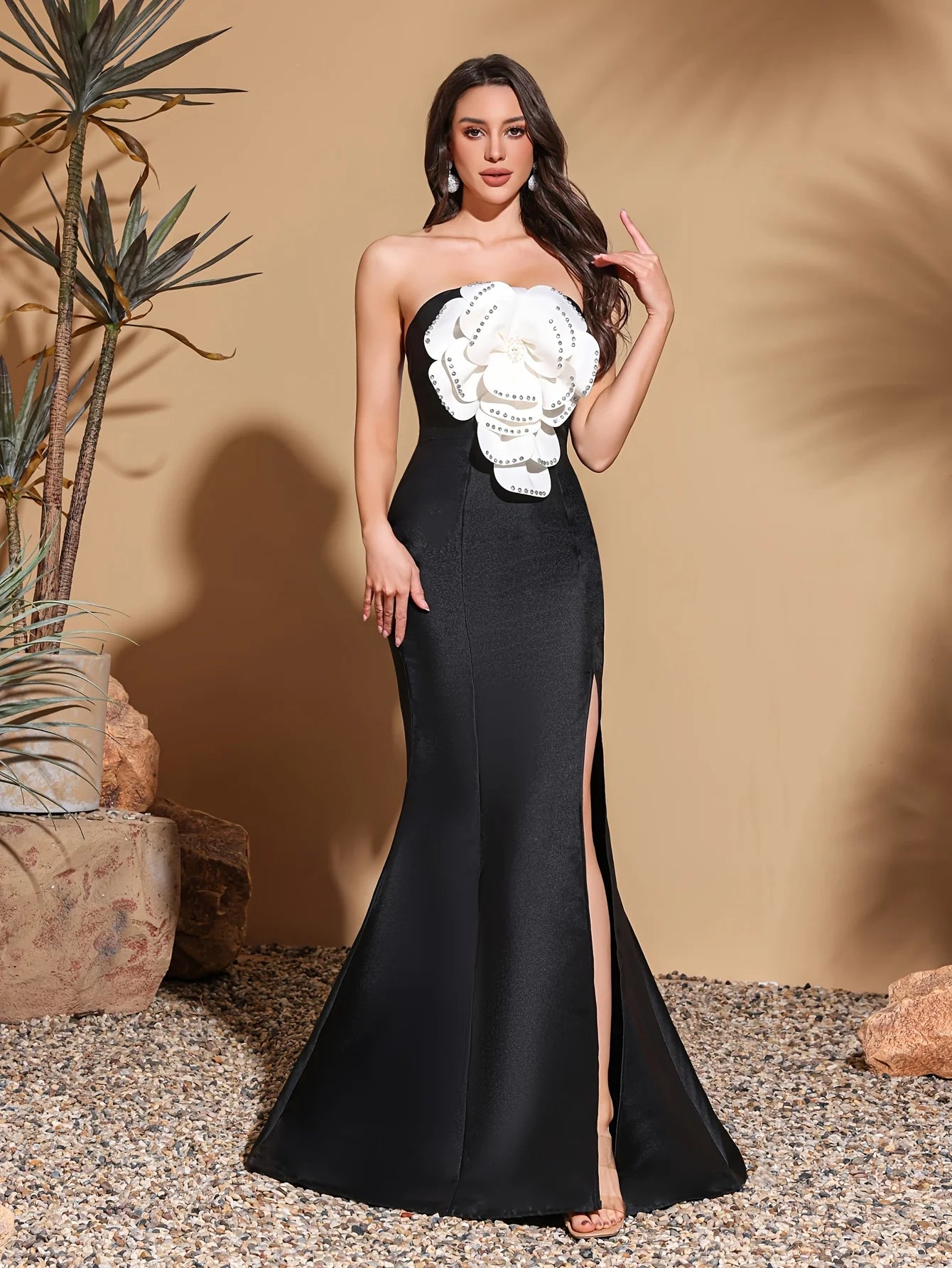 DERSONA Elegant Evening Gown rhinestone & flower embellishment fishtail Dress