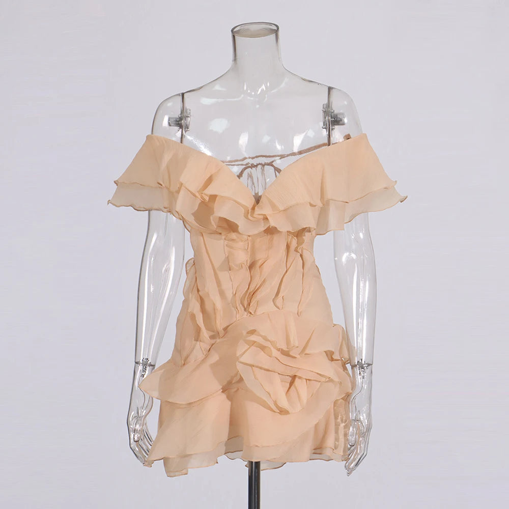 Elegant Spliced Ruffles Mini Dress For Women Slash Neck Off The Shoulder Sleeve High Waist Chic Dresses Female New