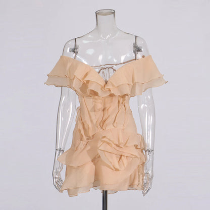 Elegant Spliced Ruffles Mini Dress For Women Slash Neck Off The Shoulder Sleeve High Waist Chic Dresses Female New