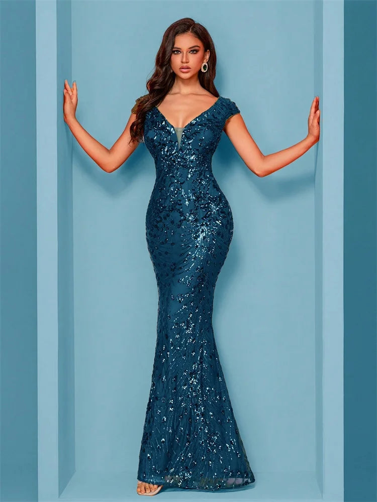 DERSONA Elegant Blue Evening Dress For Women Long 2026 Luxury Mermaid Formal Sequins Prom Wedding Party Dress