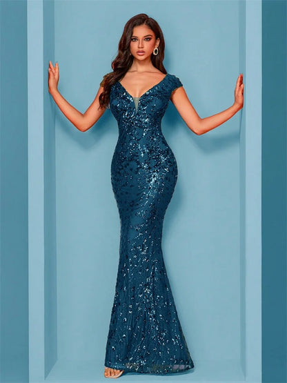 DERSONA Elegant Blue Evening Dress For Women Long 2026 Luxury Mermaid Formal Sequins Prom Wedding Party Dress