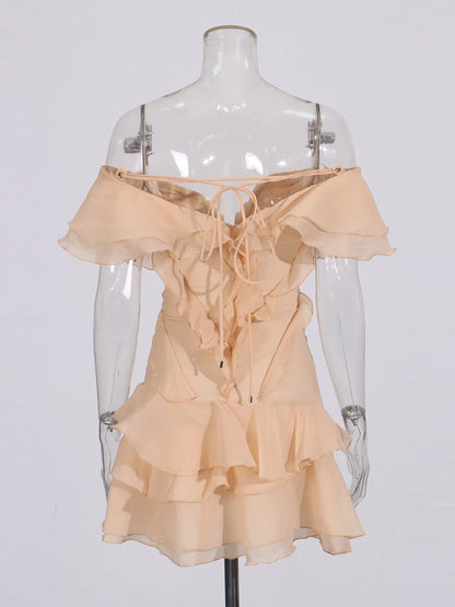 Elegant Spliced Ruffles Mini Dress For Women Slash Neck Off The Shoulder Sleeve High Waist Chic Dresses Female New
