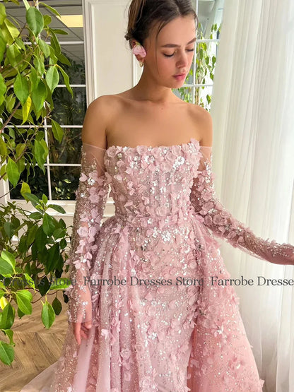 DERSONA Women's Long Chic Evening Dresses 2025 Organza A-line Celebrity Dress Pink Off-the-shoulder Applique Sequined Gown