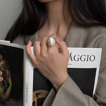 DERSONA Baroque Elegant White Pearl Ring for Women Commuting Versatile Opening Rings Simple Light Luxury Temperament Jewelry Wedding Bride