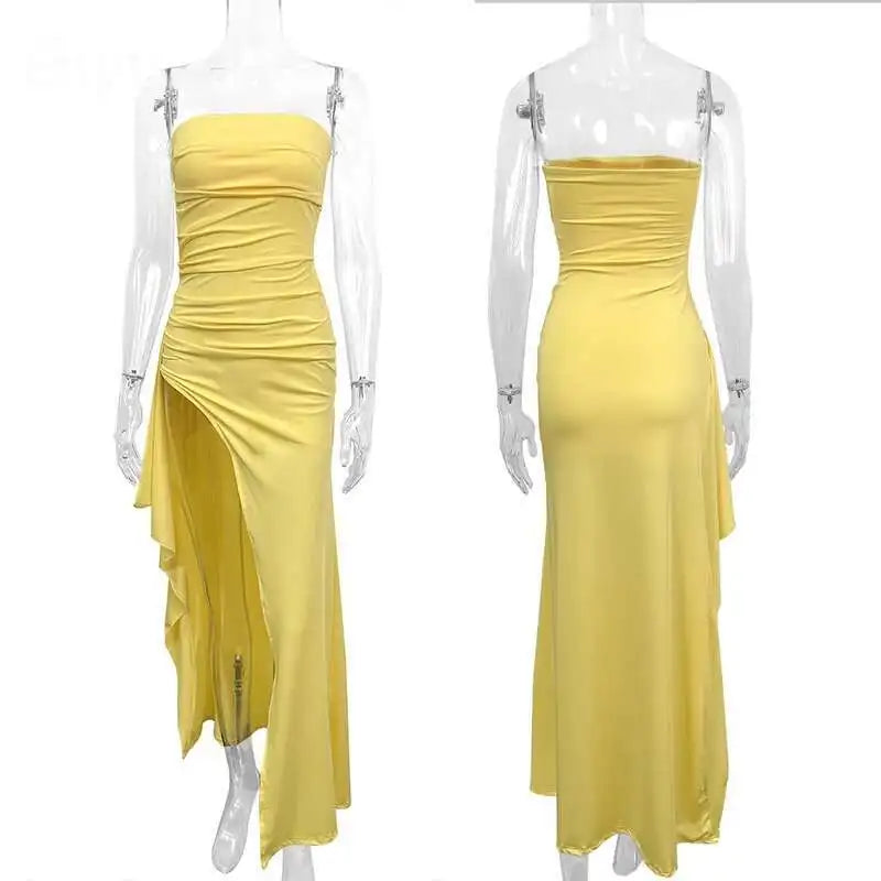 Giyu Sexy Club Evening Party Dresses Women 2025 Summer Slash Neck Backless Ruffles Split Maxi Long Dress Elegant Bodycon Robe