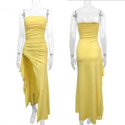 Giyu Sexy Club Evening Party Dresses Women 2025 Summer Slash Neck Backless Ruffles Split Maxi Long Dress Elegant Bodycon Robe