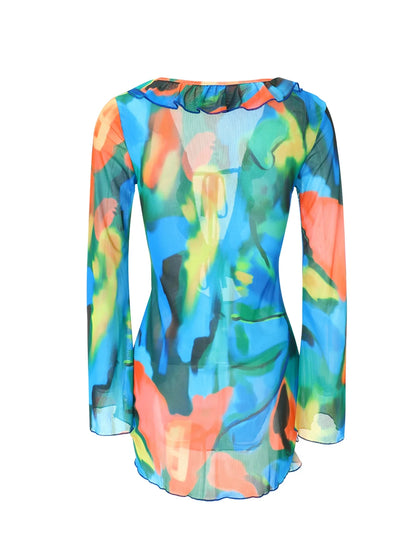 Women Mini Dress Long Sleeve Lacing Tie-dye Print Patchwork Slit Bodycon Dress for Club Party