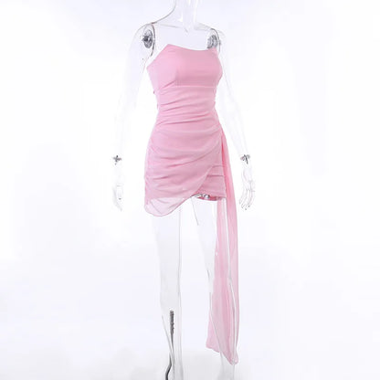 Elegant Mini Dresses Women Sexy Strapless Mesh Streamer Dress Temperament Party Slim solid Skirt