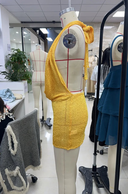 Women Sexy Deep V Neck Mini Dress Sequin Knit Bodycon Halter Cowl Neck Short Dress Y2k Backless Party Dresses Rave Outfit