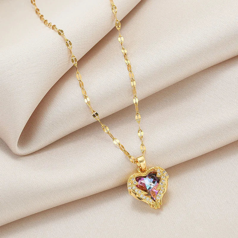 DERSONA 2025 Luxury Colorful Crystal Ocean Heart Pendant Necklace For Women Trendy Stainless Steel Jewelry Female Classy Neck Chain