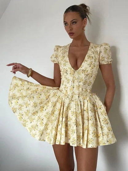DERSONA New Floral Print Pleated Mini Dress For Women V Neck Short Sleeve Lace Up Elegant Outfits