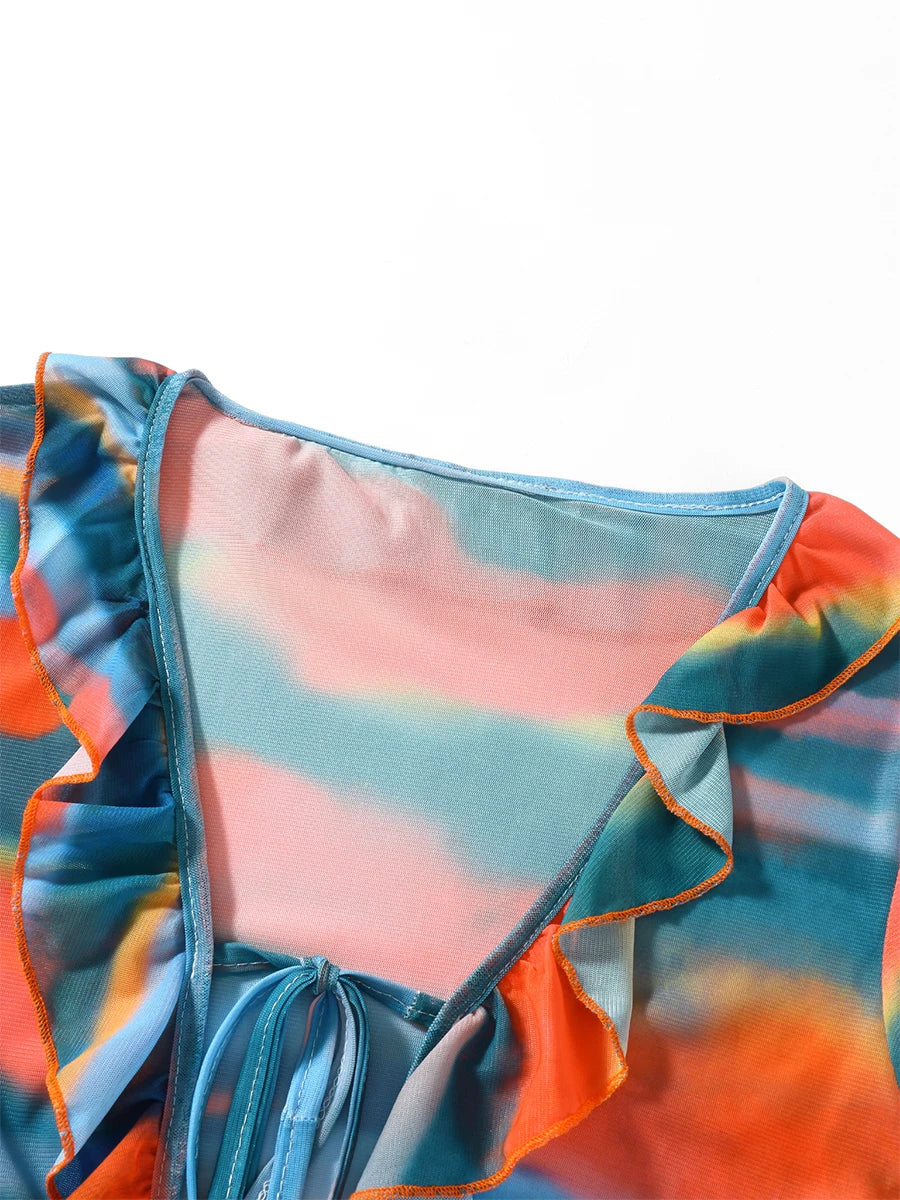 Women Mini Dress Long Sleeve Lacing Tie-dye Print Patchwork Slit Bodycon Dress for Club Party
