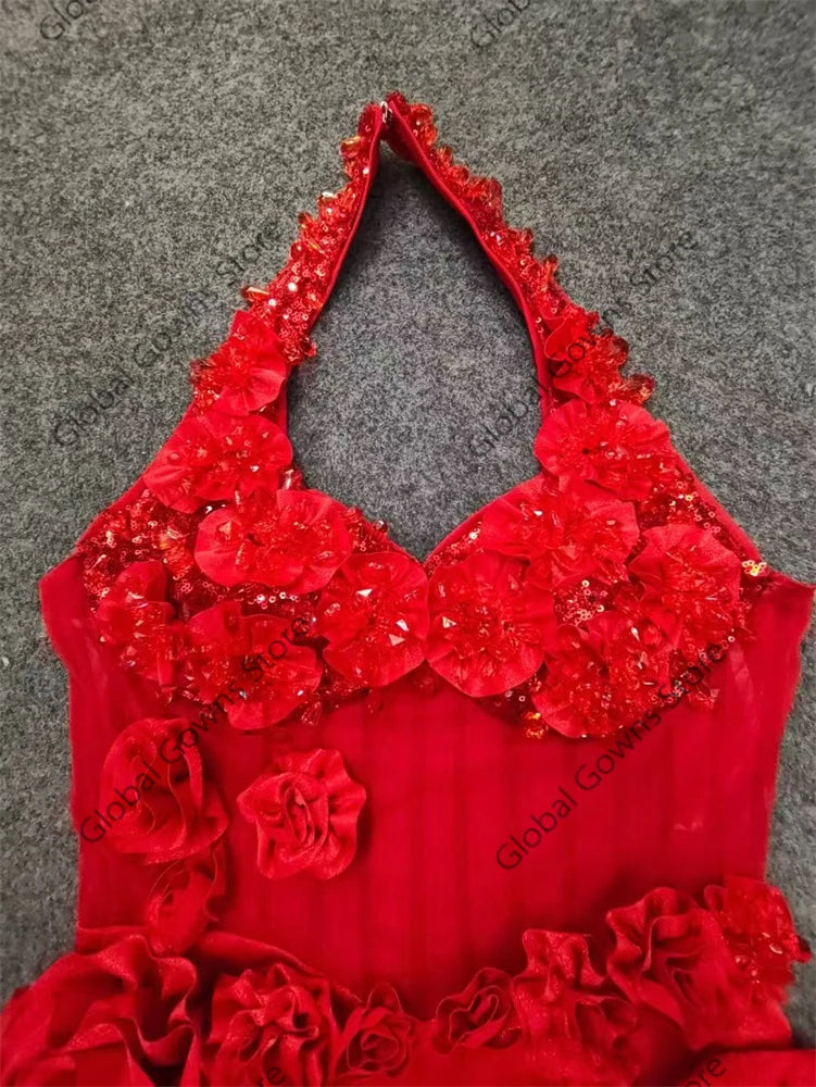 DERSONA Red Blossom Mini Dress Women Beaded Flowers Short Prom Party Dresses Sleeveless Charming Floral Mini Cocktail Dress Formal Gown