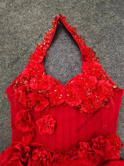 DERSONA Red Blossom Mini Dress Women Beaded Flowers Short Prom Party Dresses Sleeveless Charming Floral Mini Cocktail Dress Formal Gown