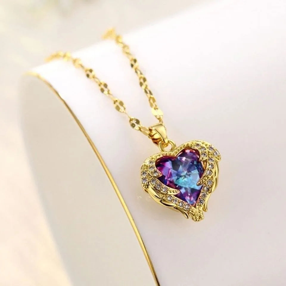 DERSONA 2025 Luxury Colorful Crystal Ocean Heart Pendant Necklace For Women Trendy Stainless Steel Jewelry Female Classy Neck Chain