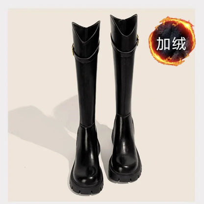 DERSONA Fall Fashion Women Knee High Boots Square High Heels Autumn Winter Warm Elegant