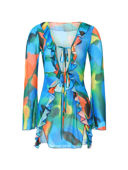 Women Mini Dress Long Sleeve Lacing Tie-dye Print Patchwork Slit Bodycon Dress for Club Party