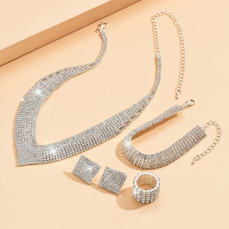 DERSONA Elegant Rhinestone Jewelry Set: Silver-Plated Necklace, Accessories Gala Necklace & Earrings
