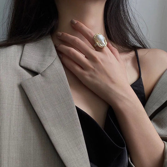 DERSONA Baroque Elegant White Pearl Ring for Women Commuting Versatile Opening Rings Simple Light Luxury Temperament Jewelry Wedding Bride