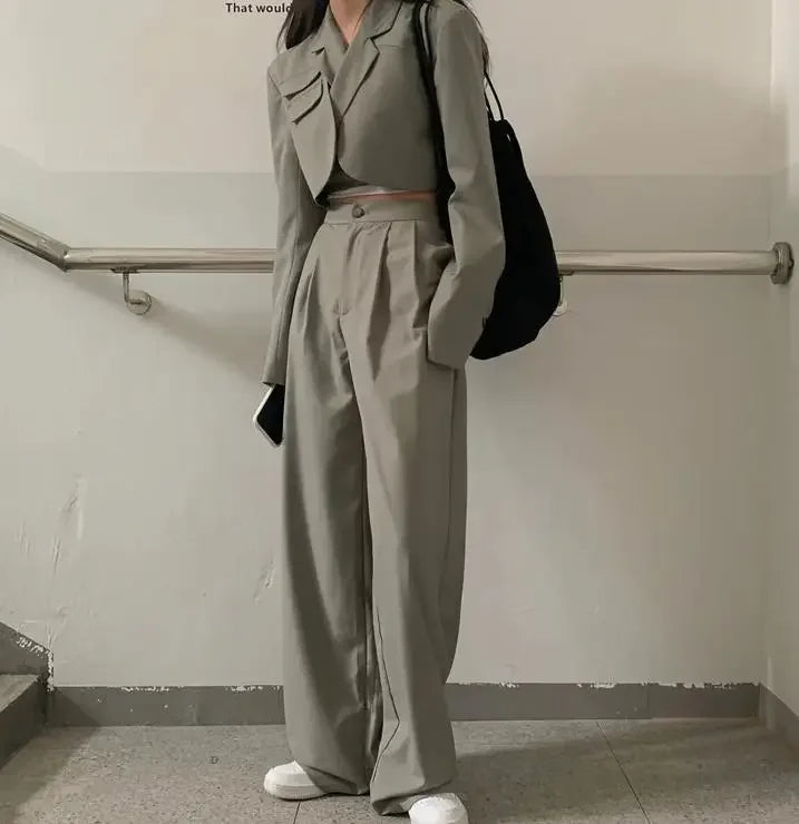 2025 DERSONA Women's New Chic Crop Blazer Jacket & High Waist Trousers Suits Wide Leg Pants Outfit 2-Piece Set Fashion For Female Summer
