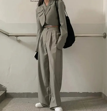2025 DERSONA Women's New Chic Crop Blazer Jacket & High Waist Trousers Suits Wide Leg Pants Outfit 2-Piece Set Fashion For Female Summer