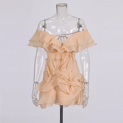 Elegant Spliced Ruffles Mini Dress For Women Slash Neck Off The Shoulder Sleeve High Waist Chic Dresses Female New
