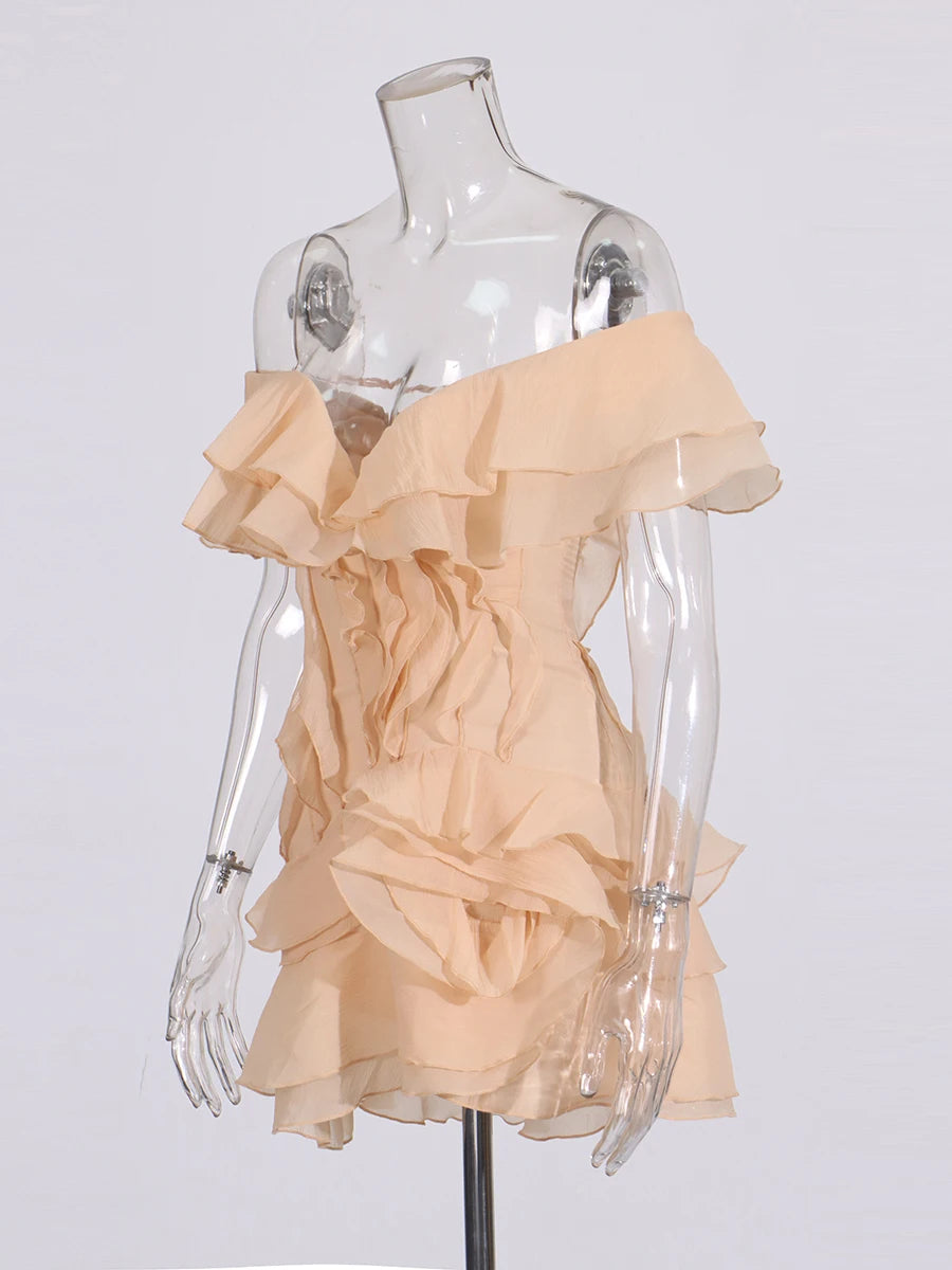Elegant Spliced Ruffles Mini Dress For Women Slash Neck Off The Shoulder Sleeve High Waist Chic Dresses Female New