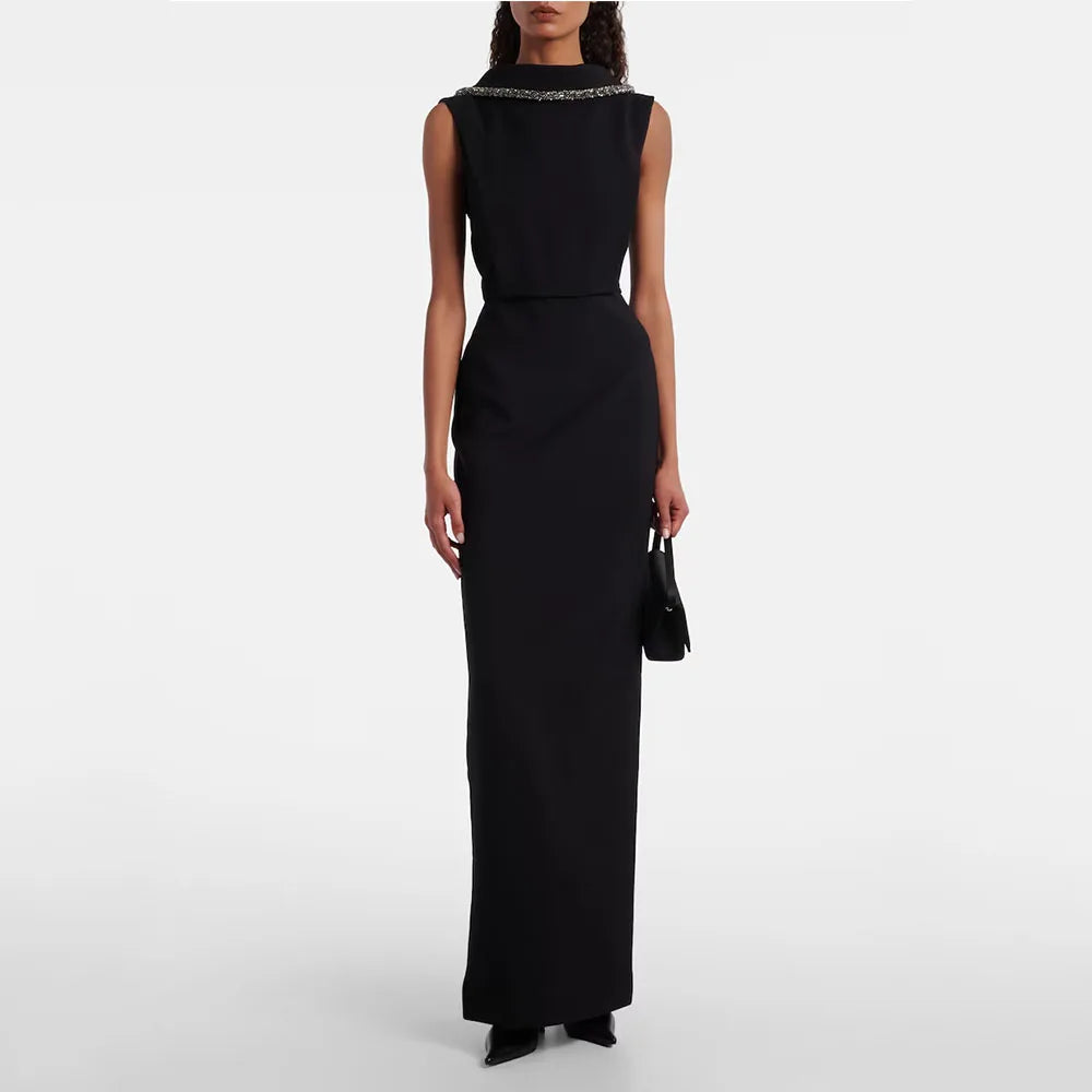 DERSONA Black Evening Gown For Women Sheath Saudi Dress Floor Length Formal Party Dress Sleeveless Beading Prom Dress