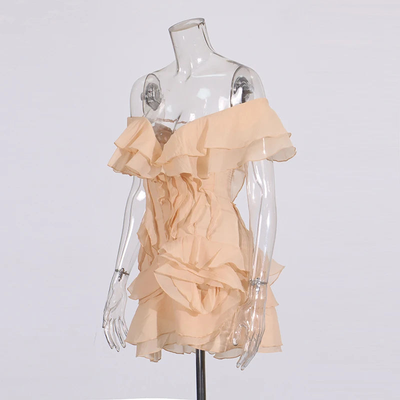 Elegant Spliced Ruffles Mini Dress For Women Slash Neck Off The Shoulder Sleeve High Waist Chic Dresses Female New