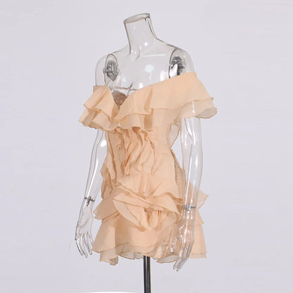 Elegant Spliced Ruffles Mini Dress For Women Slash Neck Off The Shoulder Sleeve High Waist Chic Dresses Female New